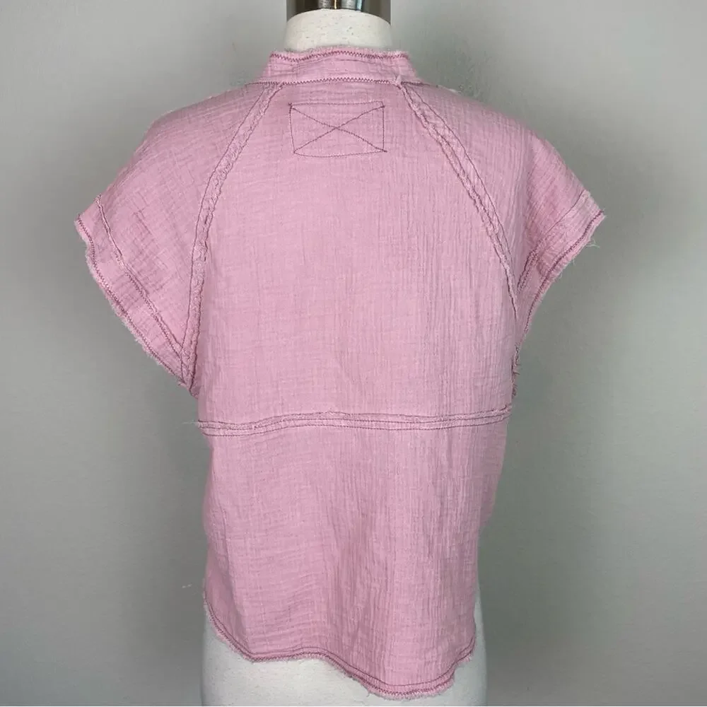We the Free Pink Gauzy Cotton Button Short Sleeve Top XS